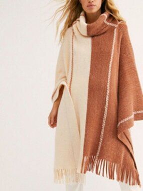 Free People Park Slope Cowl Neckline Oversized Square Poncho w/ Fringe One Size